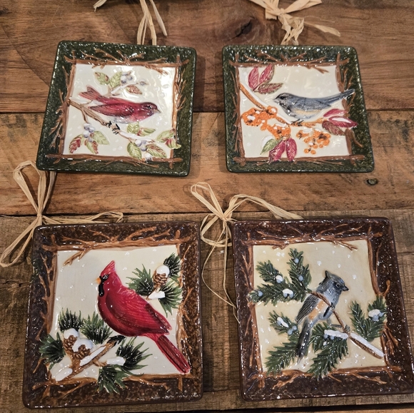4 Woodland Birds Porcelain Miniplates Set In Box Raffia Hangers Decor - Picture 7 of 8